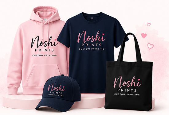 Custom hoodie, T-shirt, cap and tote bag from Noshi Prints